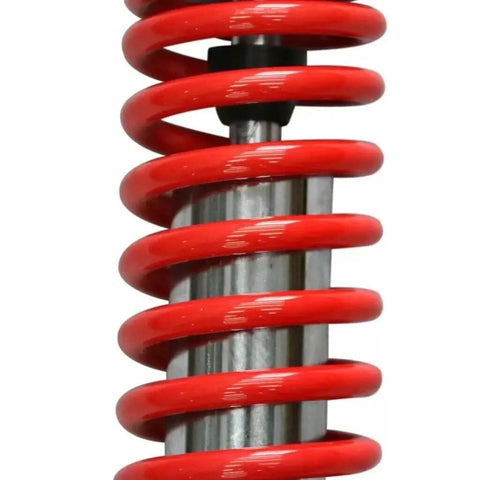 Close-up of Two Pack Front Adjustable Shock Absorbers for 150cc and 250cc Go Karts, visible red spring coil, metal body