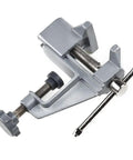 Rock Solid Compact Swivel Vise For Crafters And DIYers That Secures Quickly To Tables Or Benches And Edges, silver aluminum design