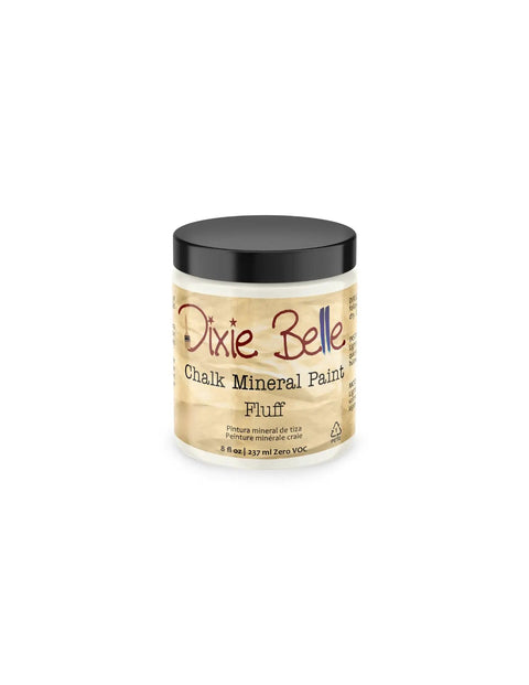 Jar of Dixie Belle Chalk Mineral Paint Fluff, 8 oz with black lid, ideal for DIY home projects. Not Chalk Finish Dope Caviar Matte Black.