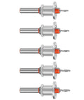 Grab This Slick 5 Pack Countersink Drill Bit Set With Adjustable Depth Stop For Woodwork Pros And DIY Rookies That Want Clean Holes Every Single Time Using High Grade Alloy Steel And Fits Most Power Drills Like A Charm. Five countersink drill bits shown with depth stops.
