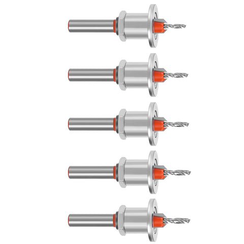 Grab This Slick 5 Pack Countersink Drill Bit Set With Adjustable Depth Stop For Woodwork Pros And DIY Rookies That Want Clean Holes Every Single Time Using High Grade Alloy Steel And Fits Most Power Drills Like A Charm. Five countersink drill bits shown with depth stops.