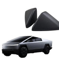 Hella Durable Matte Black Rearview Mirror Cover For 2024 Tesla Cybertruck showing two protective covers and the vehicle.