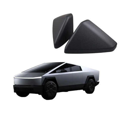 Hella Durable Matte Black Rearview Mirror Cover For 2024 Tesla Cybertruck showing two protective covers and the vehicle.