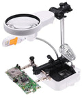 Upgrade Your Phone Repair Game With This Heavy Duty Magnetic Helping Hands Clamp Featuring Adjustable Height And Angle For Flawless Circuit Board Soldering Plus Built In Magnifying Glass For Detailed Work, showing circuit board and magnifier.