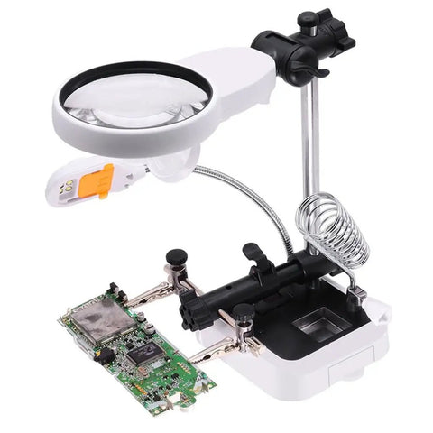 Upgrade Your Phone Repair Game With This Heavy Duty Magnetic Helping Hands Clamp Featuring Adjustable Height And Angle For Flawless Circuit Board Soldering Plus Built In Magnifying Glass For Detailed Work, showing circuit board and magnifier.
