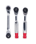 Compact Socket Wrench Set Featuring 72 Tooth Quick Swing Ratchet Built Ridiculously Tough For Crawling Into Cramped Engine Bays Without Any Fuss in chrome with red accents.