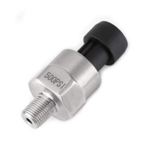 Stainless Steel Pressure Transducer For Oil Fuel Air And Water Up To 500 Psi With Beefed Up Pro Grade Build And Ultra Accurate Two Percent Full Scale Output Lightweight Compact Sensor For Automotive And Industrial Use, side view showing 1/8" NPT fitting