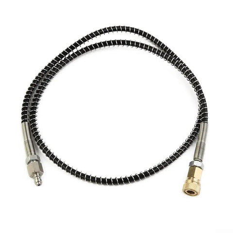 36 Inch DN2 Microbore Air Fill Hose For Charging Stations And Adapters, Black microporous hose with quick-release connectors.