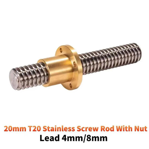 Beefy Heavy Duty T20 Leadscrew With 20mm Diameter Brass Nut Length From 100mm To 1000mm CNC And 3D Printing Ready Standard T20 Mount 8mm Lead 4 Start Smooth Precise Motion For DIY Machining, 20mm T20 stainless leadscrew with brass nut, 8mm lead