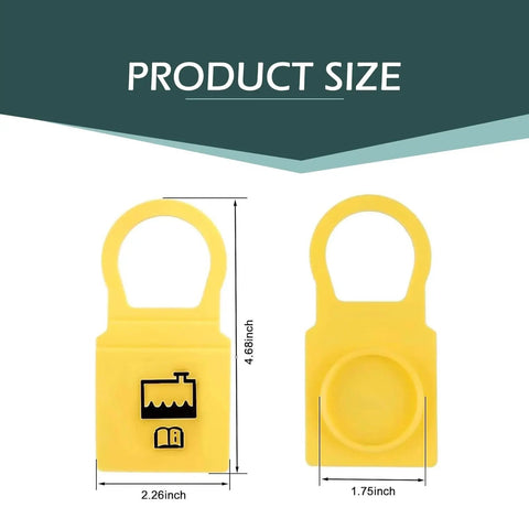 Two Piece Yellow Engine Coolant Reservoir Cap Replacement set, dimensions 4.68x2.26, for Dodge Jeep Ram, shown front and rear views