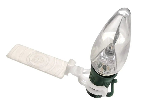 Close-up of a single light bulb held by a 25 Count Anywhere Outdoor Sticky Adhesive Light Clip; reusable and suitable for wood, brick, and stucco.