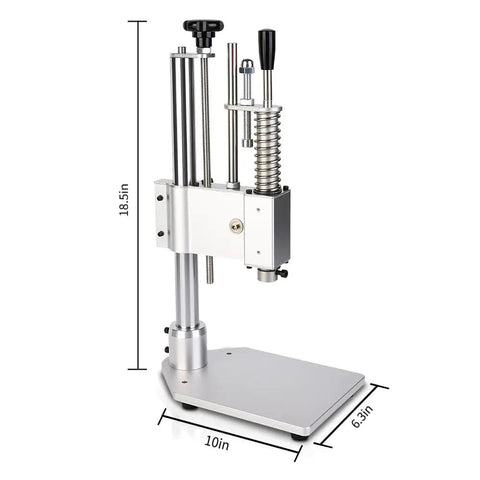 Pro Grade Heavy Duty Aluminum Alloy Manual Punching Press For Precision Riveting, Punching, Cutting, And Sealing In Electronics, Leather, Jewelry, Labs, And Beauty Projects, Ergonomic Labor Saving Spring Operation, side view with dimensions.