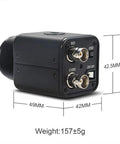 Side view of Crisp 2 MP 1080P SDI Security Camera With A Three Point Six Millimeter No Distortion Lens And Real Time Transmission Featuring An OSD Menu With WDR And DS WDR For Clear Day And Night Surveillance, showing connectors and measurements of 49mm by 42mm, weight 157±5g, highlighting SDI and OSD ports.