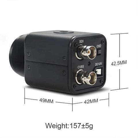 Side view of Crisp 2 MP 1080P SDI Security Camera With A Three Point Six Millimeter No Distortion Lens And Real Time Transmission Featuring An OSD Menu With WDR And DS WDR For Clear Day And Night Surveillance, showing connectors and measurements of 49mm by 42mm, weight 157±5g, highlighting SDI and OSD ports.
