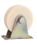 Heavy Duty Nylon V Groove Wheel With Rock Solid Steel Pulley For Sliding Gate Caster and Wire Rope Guide Roller side view showing nylon wheel and steel mount.