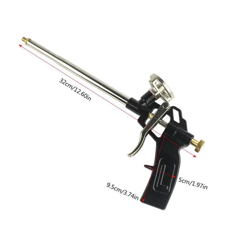 Beefy Foam Gun Pro Heavy Duty PU Expanding Caulking Gun with aluminum build and ergonomic grip, shown with dimensions labeled.