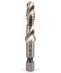 Front view of HSS M8×1.25 drill-tap-chamfer bit with hex shank, a 3-in-1 drilling and tapping tool