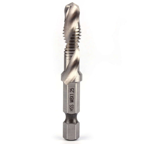 Front view of HSS M8×1.25 drill-tap-chamfer bit with hex shank, a 3-in-1 drilling and tapping tool