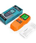 7 in 1 Smart Stud Finder Wall Scanner with LCD Display in orange color beside its packaging and user manual.