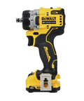 Rock Solid 12V Max Brushless Cordless Five In One Drill Driver Kit Featuring Dual Speed Transmission Built In LED Work Light Compact Frame Four Quick Swap Attachments And Pro Grade Motors For Nitty Gritty Tasks side view of brushless cordless drill with battery attached.