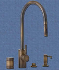 Top Shelf Contemporary Kitchen Faucet Featuring An Extended Reach Pull Down Sprayer And Complete Four Piece Mounting Suite In Authentic Distressed American Bronze Finish, showcasing faucet and accessories.
