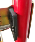 Close-up of Rock Solid Laser Level Bracket for Telescoping Poles, black mount fitting onto a red pole for secure use.