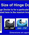 HA1 Hinge Repair Tool Six Pack For Quick Fix Of 4.5 By 4.5 Non Ball Bearing Door Hinges Made In USA with size options shown for hinge fitting