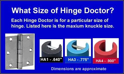 HA1 Hinge Repair Tool Six Pack For Quick Fix Of 4.5 By 4.5 Non Ball Bearing Door Hinges Made In USA with size options shown for hinge fitting