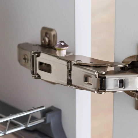 Decorative Hinge Head Topper Set Of 6 Magnetic Mushroom Hinge Heads For Doors And Cabinets on cabinet hinge close-up.