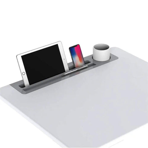 Game Changer Adjustable Lectern Podium Stand With Smooth Wheels For Quick Presentations, showing tablet, phone, and cup holder.