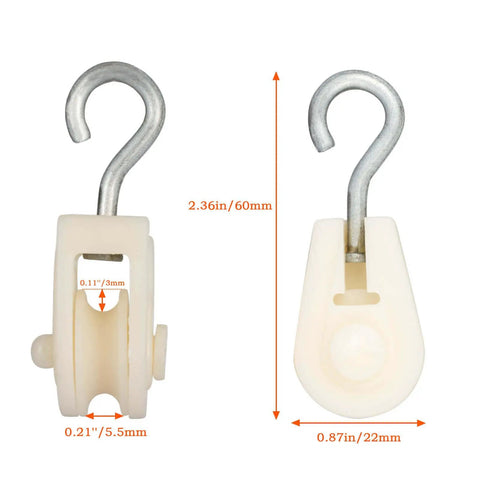 Mini Nylon Pulley Set For Wire Antennas And DIY Pulley Frames, Quiet Small Lightweight 10 Pack; beige pulleys with dimensions.