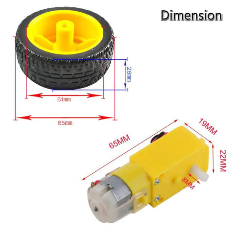 Mini DC Gearbox Motor Dual Shaft 1 To 48 TT Gearbox For Arduino Smart Car Robot 3 To 6V With Plastic Tire Wheels dimensions
