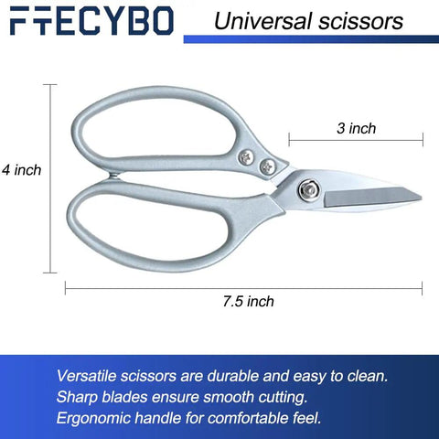 Heavy Duty All Metal Scissors With Short Blades For Effortless Cutting In Crafting And Sewing Leather Fabric And Cloth, Big Comfortable Shears, Stainless Steel, Adjustable Screw Tension For Smooth Precision. 7.5 inch universal scissors, stainless steel