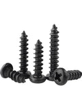 Black carbon steel self tapping wood and glasses screws set with pan heads Phillips drive M1 to M4 for DIY projects