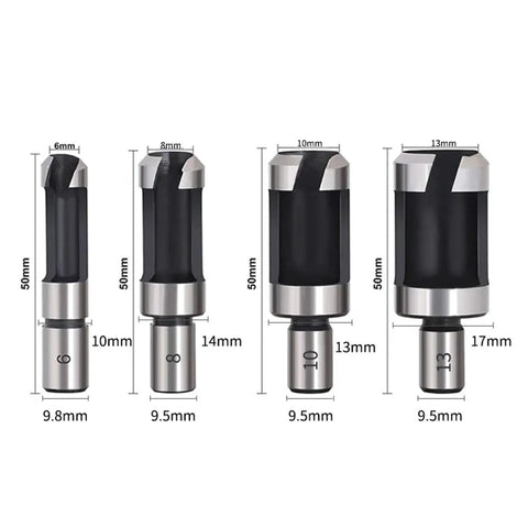 Dead Nuts Accurate Carbon Steel Wood Plug Cutter Drill Bit Set With Straight And Tapered Hole Saws showing four sizes