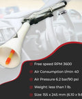 Vortex II Air Cleaning Gun for Auto Detailing, Deep Clean Car Interiors and Exteriors, shown with specifications detail view.