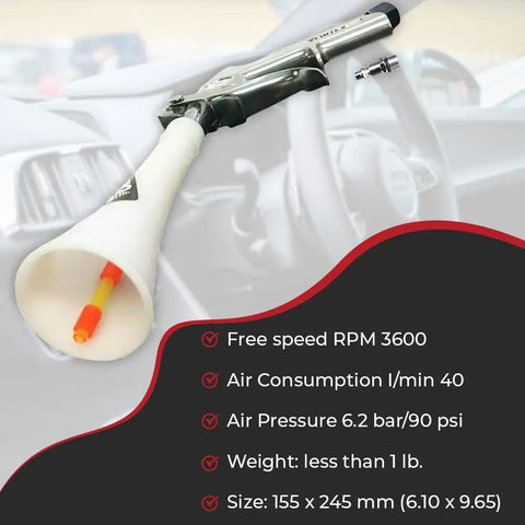 Vortex II Air Cleaning Gun for Auto Detailing, Deep Clean Car Interiors and Exteriors, shown with specifications detail view.