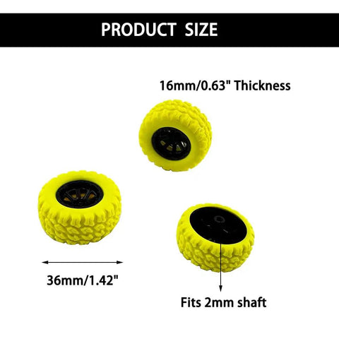 10Pcs RC Toy Car Wheels With Rubber Tires And 5Pcs Metal Shafts, 2mm Diameter Round Rod Axles, yellow 36mm wheels, 16mm thick