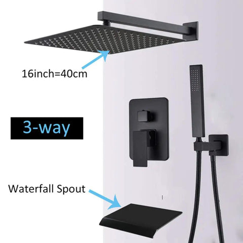 UMJIGF Concealed Shower System Wall Mounted Shower Faucet Set Multifunction Matte Black Shower Combo Set with 16 Inch Square Shower Head and Waterfall Spout.