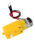 Single unit from Six Pack Prewired DC Gear Motors With Dual Shaft For DIY Smart Car Robots And Four Wheel Drive Toy Cars 3V To 6V Operation High Torque No Load Speed 1 To 48 Ideal For RC Projects. Yellow plastic casing and wires visible.