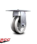 Heavy Duty Swivel Caster With 5 Inch Semi Steel Wheels And 1100 Lb Capacity Smooth Free Bearings Wide Top Plate Mount V Groove Track Ready For Tough Hauler Rigs Today close-up view showing swivel design and semi steel wheel.