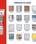 Advanced Silicone Caulk For Kitchen And Bathroom White 2.8 Fl Oz Tube 1 Pack next to materials it adheres to, including wood and metal.