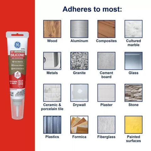 Advanced Silicone Caulk For Kitchen And Bathroom White 2.8 Fl Oz Tube 1 Pack next to materials it adheres to, including wood and metal.