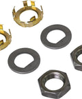 Dexter K71-622-00 spindle nut retainer kit, front view: two brass retaining rings, two gray washers, and two hex nuts