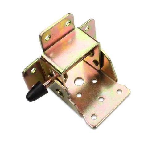 Kickass 90 Degree Folding Self Locking Hinge With Heavy Duty Furniture Foot Bracket Galvanized Metal Iron Dark Bronze Finish shown from the side.