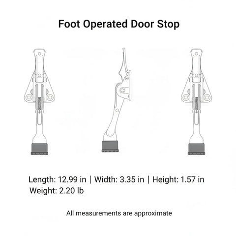 Technical drawing of Foot Operated Door Stop With Zinc Alloy Floor Holder dimensions length 12.99 width 3.35 height 1.57 weight 2.20