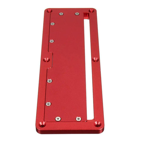 Red aluminum table saw throat plate with flip cover for upside-down cuts, adjustable circular saw table insert plate visible