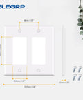 Two Gang Decorative Wall Plates For Decorator Receptacles And Switches Mid Size Thermoplastic Faceplate Covers Tough As Nails Unbreakable Polycarbonate Glossy White Finish UL Listed 5 Pack, showing front dimensions