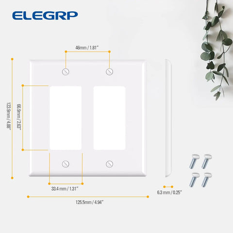 Two Gang Decorative Wall Plates For Decorator Receptacles And Switches Mid Size Thermoplastic Faceplate Covers Tough As Nails Unbreakable Polycarbonate Glossy White Finish UL Listed 5 Pack, showing front dimensions