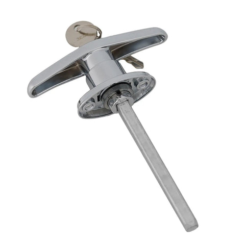 Zinc Alloy T Handle Lock With Rear Fix, Keyed Differ For Caravan RV Trailer Shed And Campervan, silver, close-up view
